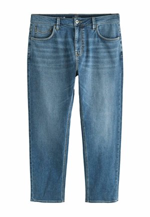 Sinised teksapüksid, millel on ees taskud, vööaasad ja nööpidega sulgus, veidi pleekinud tekstuuriga ning sirgete sääreosadega.