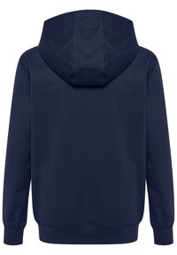 Felpa con cappuccio blu navy, con maniche lunghe, texture liscia, polsini e orlo a costine, che presenta un design semplice e senza loghi o motivi visibili.
