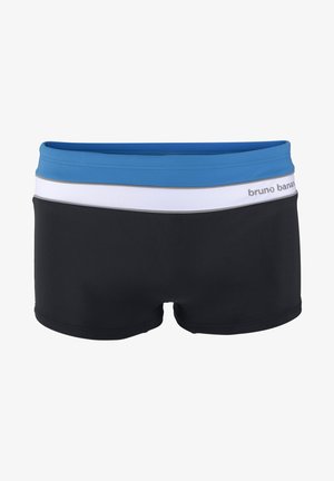 Schwarze Badeshorts mit einem dreilagigen Bund in Blau, Weiß und Grau. Der Markenname "bruno banani" ist auf dem weißen Bund gestickt.