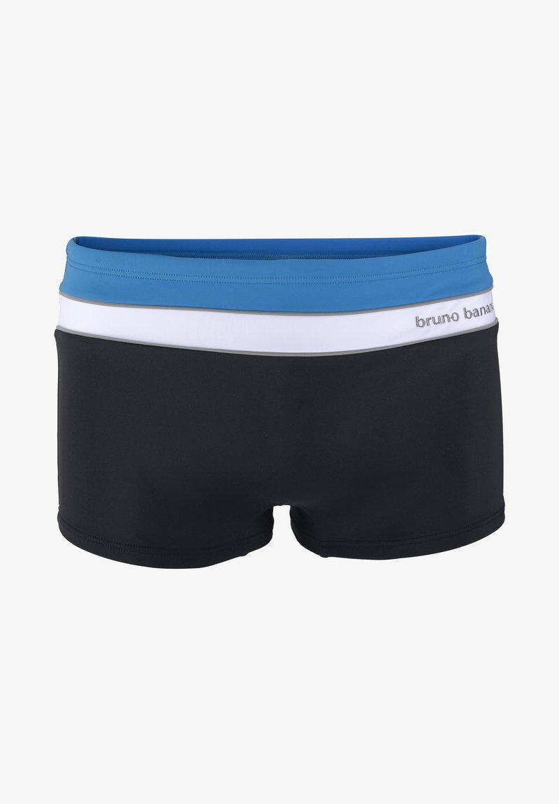 Schwarze Badeshorts mit einem dreilagigen Bund in Blau, Weiß und Grau. Der Markenname "bruno banani" ist auf dem weißen Bund gestickt.