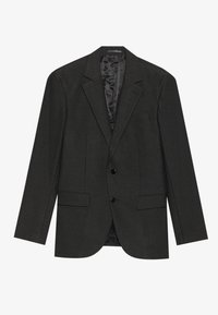 Blazer negro hecho de tejido texturizado, con solapa muestrada, dos botones y dos bolsillos frontales con un forro interior suave.