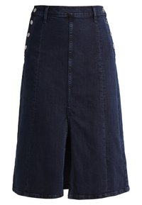 Tmavě modrá džínová sukně s designem ke kolenům, předním rozparkem a stříbrnými knoflíkovými detaily po bocích. Hladká textura, šité švy.