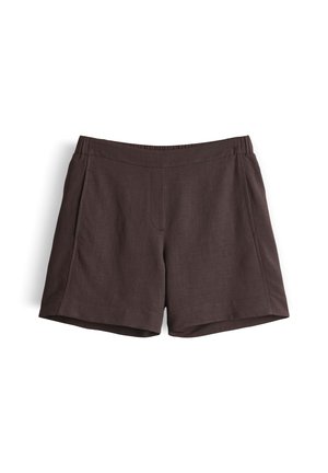 Donkerbruine op maat gemaakte shorts met een elastische tailleband en zijzakken, getoond tegen een witte achtergrond.