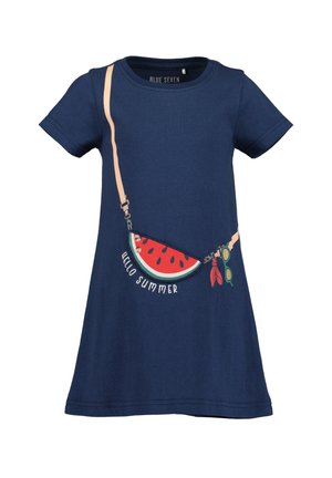 Abito blu navy a maniche corte con grafica di un'anguria e testo "Ciao Estate", caratterizzato da un design con spalline leggere per un tocco in più.