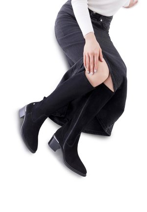 Botas de ante negras hasta la rodilla con un tacón cuadrado, que cuentan con un zipper lateral y una textura suave, combinadas con una falda de mezclilla negra.