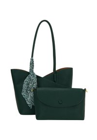 Grøn struktureret læder totebag med et paisley-mønstret tørklæde som accent, der har en aftagelig matchende pung med trykknaplukning.