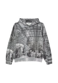 Felpa con cappuccio in scala di grigi, con una grande stampa fotografica di un interno architettonico, dalla vestibilità ampia e con polsini a costine.