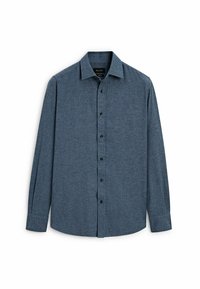 Hemden aus dunkelblauem Stoff; mit langen Ärmeln, standardisiertem Kragen und schwarzen Knöpfen. Strukturierte Oberfläche mit subtilm Muster.