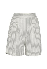 Shorts plissés en tissu gris clair avec de fines rayures bleu marine. Comprend une taille ajustée et des poches latérales. Longueur standard, texture lisse.