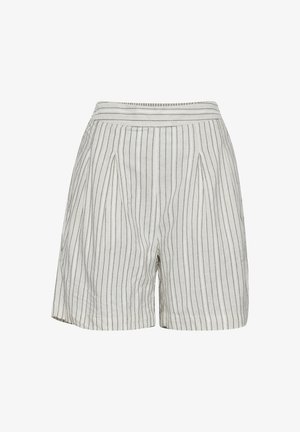 Pantalones cortos plisados de tejido gris claro con finas rayas marino. Cuenta con una cinturilla ajustada y bolsillos laterales. Longitud regular, textura suave.