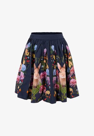Jupe florale avec un fond bleu marine sombre, ornée de fleurs vibrantes et de deux lapins imprimés sur le tissu. Ceinture élastique.