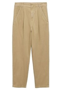 Khaki-hohe Hose mit weitem Schnitt, ausgestattet mit zwei seitlichen Taschen, geplisster Vorderseite und geraden Beinen. Hergestellt aus einem Baumwoll-Mischgewebe.