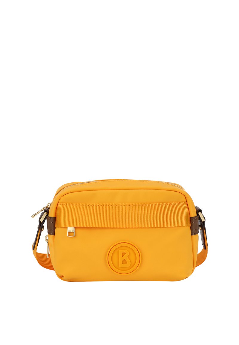 Borsa a tracolla arancione realizzata in nylon liscio, con zip superiore, dettagli marroni e un logo circolare stampato sul davanti.