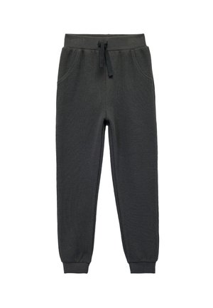 Pantalons de jogging en maille gris foncé avec taille élastique, cordon de serrage, poches latérales et bords côtelés aux chevilles.