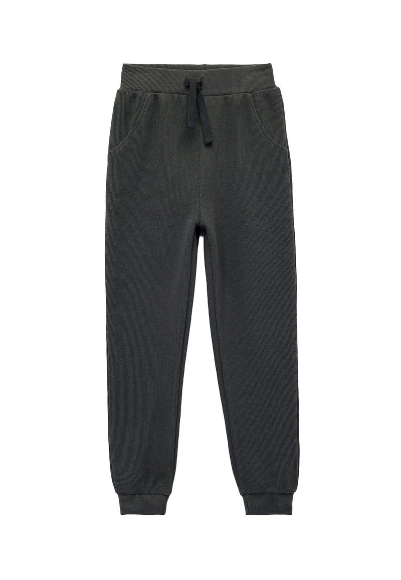 Dunkelgraue gestrickte Joggerhosen mit elastischem Bund, Zugband, Seitentaschen und gerippten Bündchen an den Knöcheln.