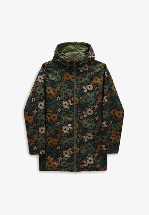 Veste à capuche à manches longues avec fermeture éclair à l'avant, avec un motif camouflage floral vert, marron et beige.