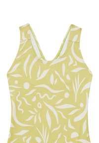 Maillot de bain une pièce en vert clair avec des motifs abstraits de feuilles et de cercles blancs. Présente un décolleté en V et une texture de tissu lisse.