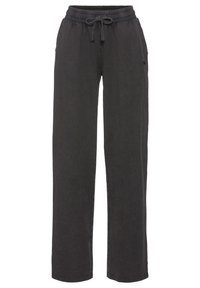Donkergrijze sweatpants gemaakt van zachte stof, met een elastische tailleband en een trekkoord, zijzakken en een losse pasvorm.