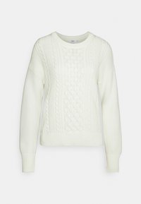 Biały dziergany sweter z wzorem warkocza, okrągłym dekoltem i ściągaczami na mankietach. Posiada teksturowane panele i luźny krój.