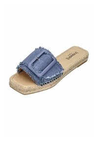 Denim slide sandal with frayed accents, large blue buckle, and woven jute sole. Light brown insole and braided edge detailing.