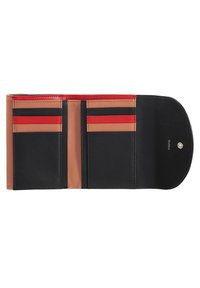 Black leather wallet interior featuring multiple card slots in shades of beige, tan, and red. Snap closure on rounded end.