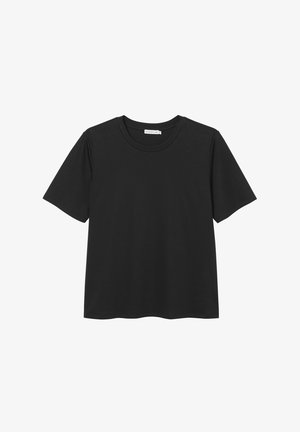 T-shirt noir à manches courtes avec un col rond, en coton doux, présentant un ourlet droit et sans motifs ni accents visibles.