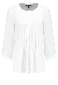 White long-sleeve blouse made of lightweight fabric, featuring a round neckline, vertical pin-tuck detailing, and a relaxed fit.