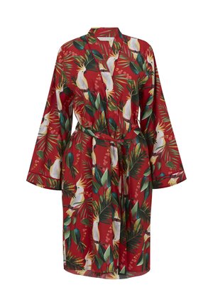 Czerwona szlafrok do kolan z tropikalnym białym kakadu i zielonym wzorem liści palmowych, szerokimi rękawami i pasującym paskiem do wiązania w pasie.