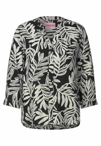 Camicia nera con bottoni, caratterizzata da un motivo a foglie bianche, realizzata in tessuto leggero, con scollatura a V e maniche lunghe 3/4.