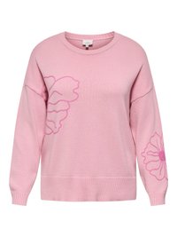 Pink knitted sweater with a crew neckline and loose fit. Features large floral designs in darker pink on the front and right sleeve.