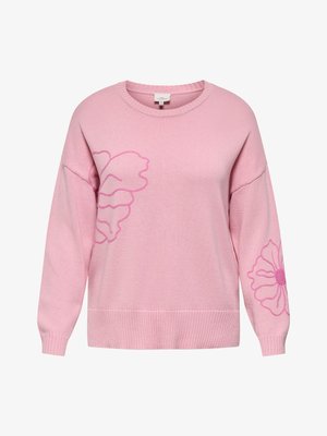 Pink knitted sweater with a crew neckline and loose fit. Features large floral designs in darker pink on the front and right sleeve.