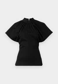 Black short-sleeve top with a high neckline. Features gathered detailing at the shoulders and a fitted body, made from smooth fabric.