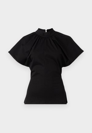 Black short-sleeve top with a high neckline. Features gathered detailing at the shoulders and a fitted body, made from smooth fabric.