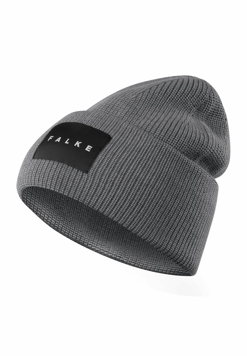Szara wełniana czapka z dzianiny o ryflowanej fakturze i złożonym mankietem, z czarną prostokątną metką z napisem "FALKE."