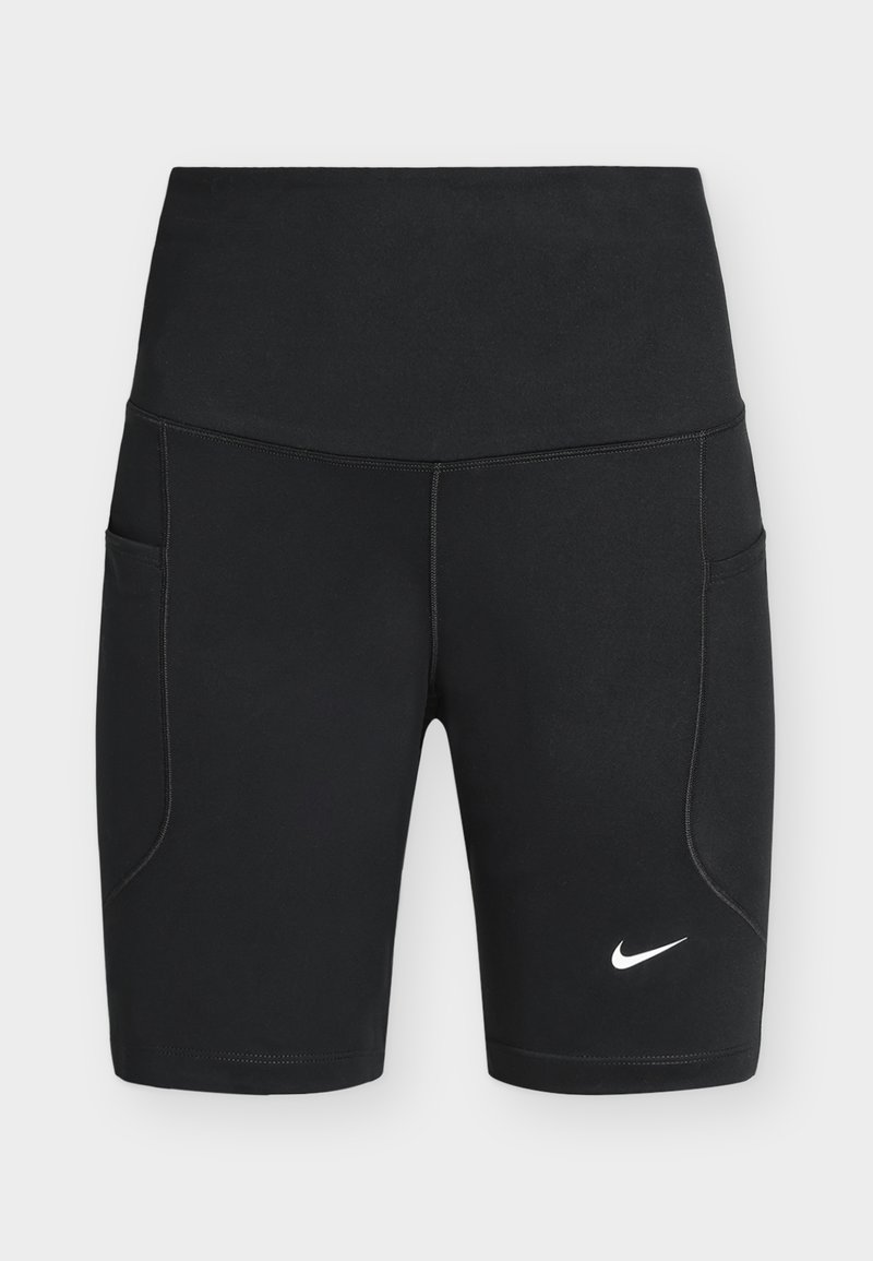 Μαύρες αθλητικές βερμούδες μέχρι το μέσο του μηρού με ψηλή μέση, πλαϊνές τσέπες και λευκό λογότυπο Nike Swoosh στο κάτω μέρος του αριστερού ποδιού.
