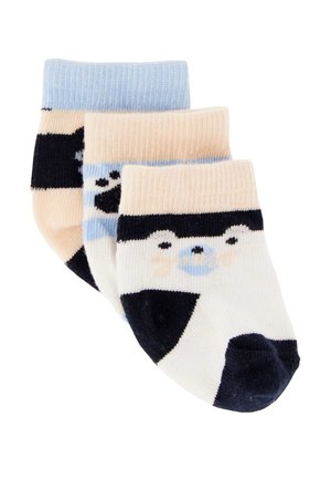 Tre par foldede babysokker i pastel farver, hver med et forskelligt sødt dyreansigt design på ankeldelen.