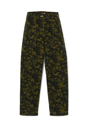 Floral print trousers in dark green and yellow, featuring a high waist, two front pockets, and sturdy button closure. Cotton material with a textured finish.