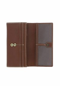 Brown leather wallet open, showing white stitching, metal snap buttons, and a gray mesh pocket secured with a snap tab on the right side.