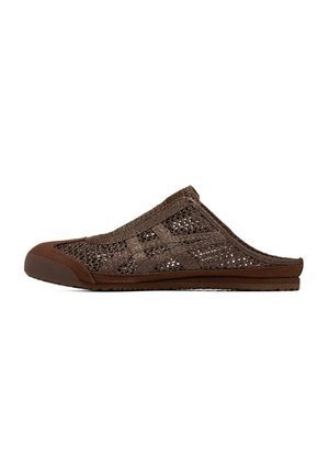 Brown slip-on shoe with woven mesh upper, rubber toe cap, and flat sole, designed for casual wear.
