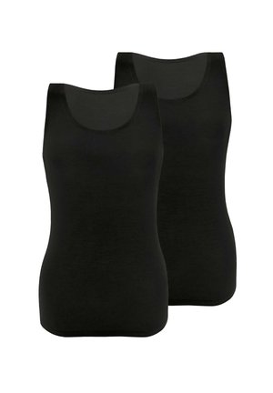 Two plain black sleeveless tank tops with round necklines shown against a white background.