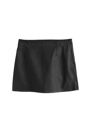 Black denim skirt with a straight cut, featuring an elastic waistband and drawstring. Includes side pockets and a smooth texture.