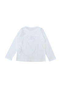 Camicia bianca a maniche lunghe realizzata in tessuto morbido, con scollatura rotonda e un sottile design grafico sul retro. Texture liscia, vestibilità casual.