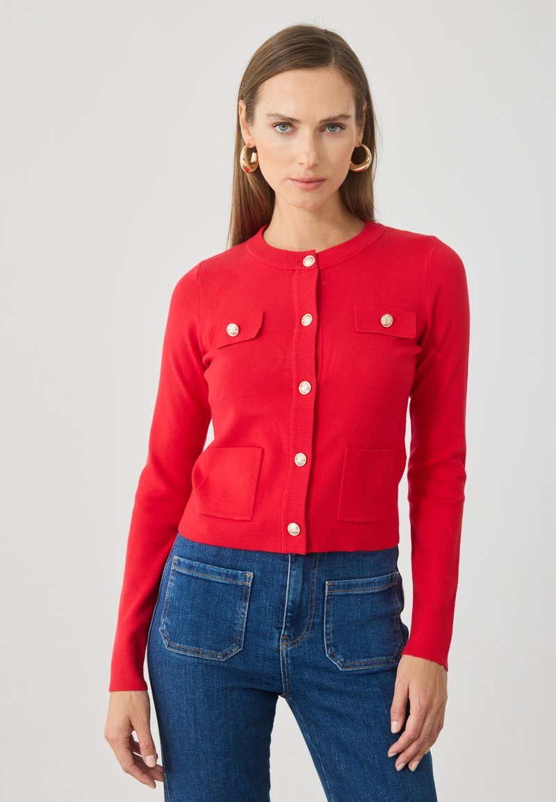 Gilet Cardigan Femme Christina Taille 36 - Rouge Et Noir - Maille à Manches Raglan