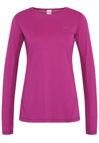 Langärmliges Sportoberteil in leuchtendem Pink, aus leichtem, elastischem Material gefertigt. Mit Rundhalsausschnitt und dezenten Nahtdetails an den Seiten.
