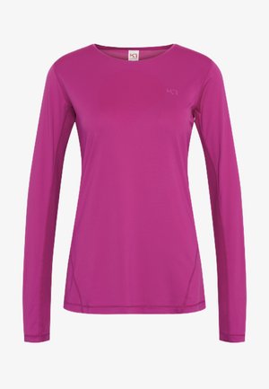 Lange mouwen sporttop in helderroze, gemaakt van lichtgewicht, rekbaar materiaal. Heeft een ronde hals en subtiele stikdetails aan de zijkanten.