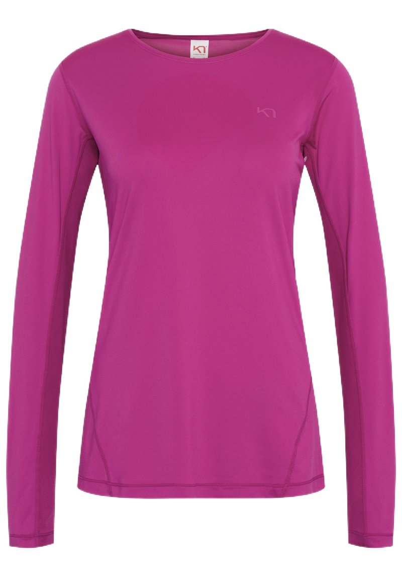 Langärmliges Sportoberteil in leuchtendem Pink, aus leichtem, elastischem Material gefertigt. Mit Rundhalsausschnitt und dezenten Nahtdetails an den Seiten.