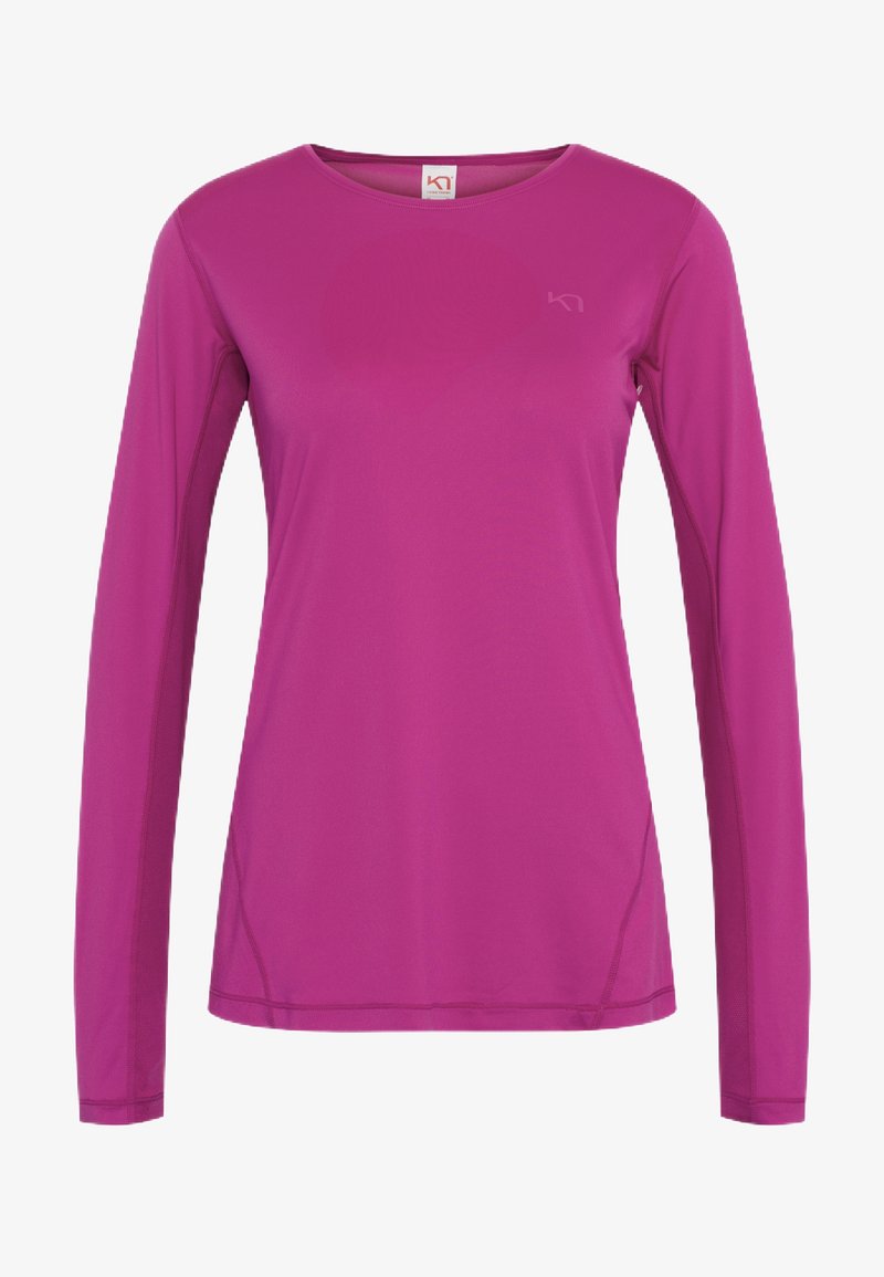 Lange mouwen sporttop in helderroze, gemaakt van lichtgewicht, rekbaar materiaal. Heeft een ronde hals en subtiele stikdetails aan de zijkanten.