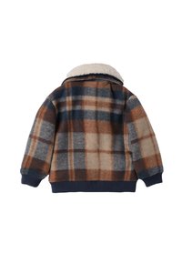 Kurtka w kratę w kolorach niebieskim, brązowym i beżowym. Wykonana z mieszanki wełny z kołnierzem z sherpy. Luźny krój, ściągacze przy mankietach i u dołu. Zawiera detal w postaci yoku.