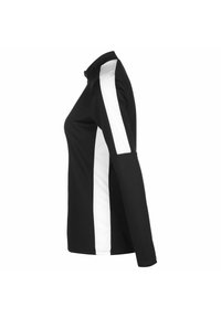 Maglietta sportiva a maniche lunghe nera con pannelli laterali bianchi. Presenta un colletto alto e un design aderente, realizzata in un tessuto liscio ed elastico.