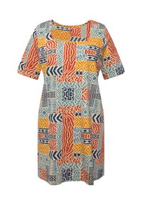 Lyhythihainen mekko, jossa on monivärinen geometrinen ja abstrakti kuvio oranssia, sinistä, keltaista ja kermaista, hieman ylisuurella mitoituksella.